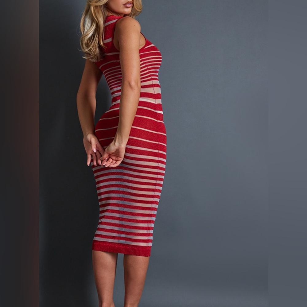 Red glitter stripe sheer knit midaxi dress